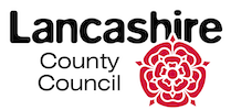 The Lancahsire County Council logo consisting of the council name and a red rose against a white backdrop